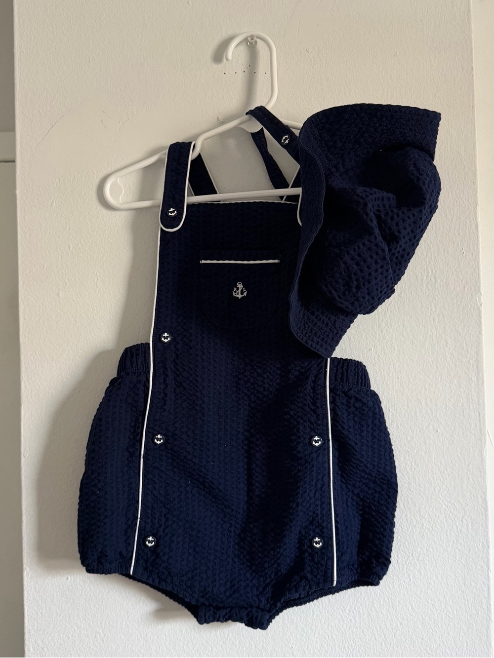 Polo by Ralph Lauren Navy Textured Romper with Matching Hat